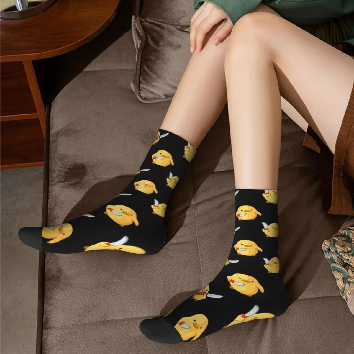 Harajuku Duck With Knife Duck You Basketball Socks Polyester Middle Tube Socks for Women Men Non-slip