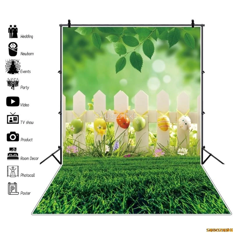 Spring Easter Backdrop Eggs Bunny Flowers Grassland Wood Floor Baby Birthday Party Kids Portrait Photography Background Decor