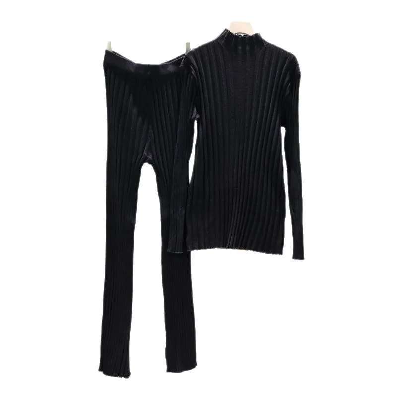 2025 New Fashion Summer 2 Pieces Women Sets Knitted Tracksuit Turtleneck Sweater and Straight Jogging Pants Suits Women Wh9