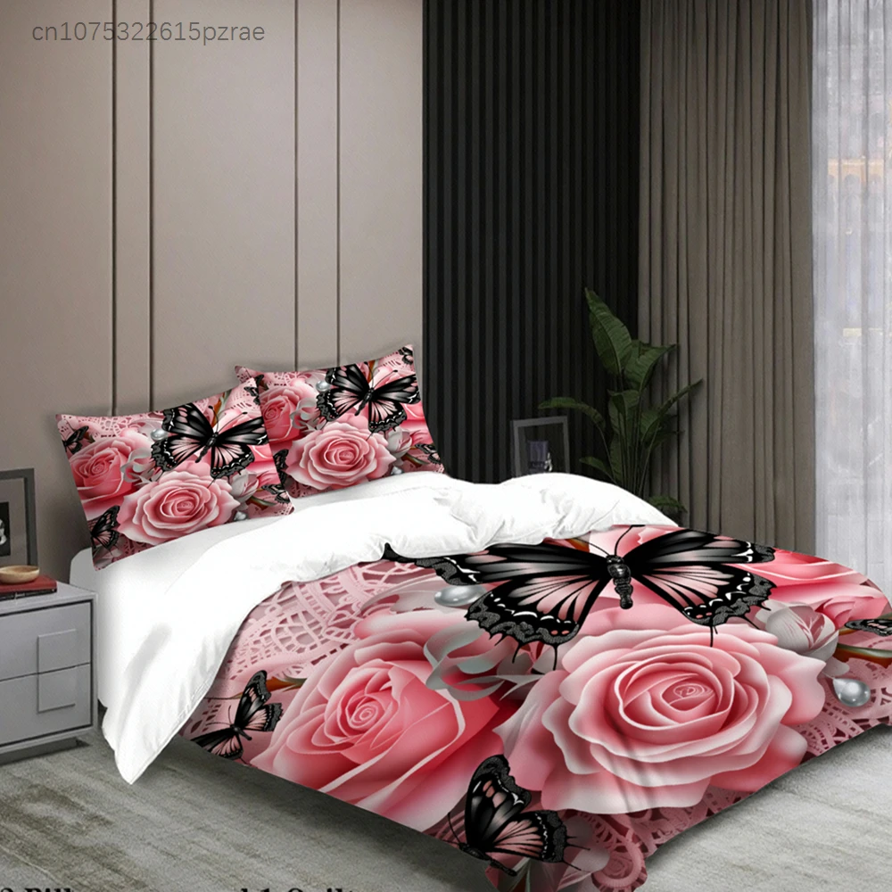 Rose And Butterfly Printed Bedding Set Pink Floral And Insect Pattern With Duvet Cover &  Pillowcases For Bedroom Decor