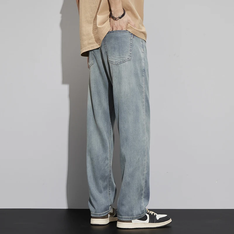 Summer thin section loose straight men's jeans 2024 new simple vintage blue tide ice silk draped wide-leg pants