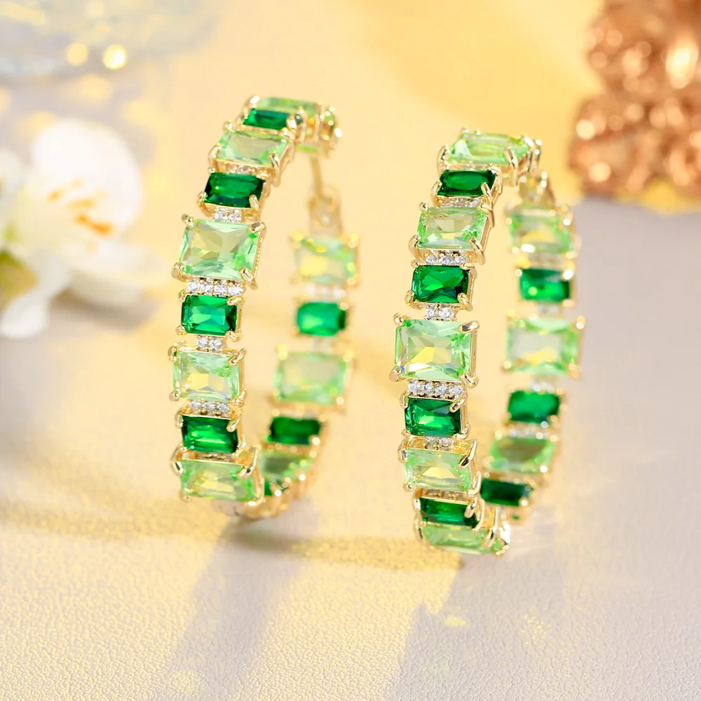 CWWZircons Square Light Green Cubic Zircon Crystal Women Big Round Hoop Earring Brazilian Gold Plated Summer Party Jewelry CZ406