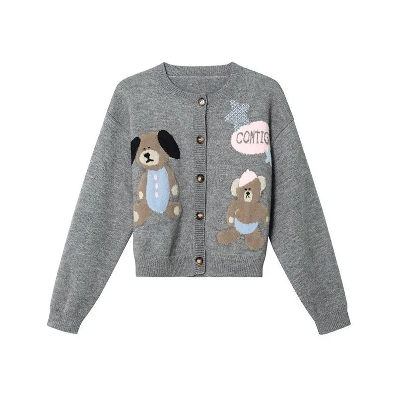Gaganight Women Sweet Little Bear O neck Jacquard Sweater Knitted Cardigan 2024 Women's Autumn Winter New Loose Versatile Top image 5