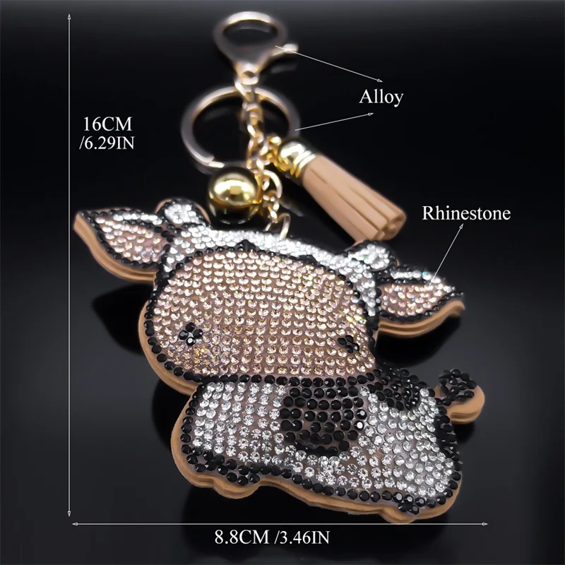 Cute Cow Keychains for Women Men Rhinestone Gold Color Metal Keyring Cattle Bag Pendant Accessories Jewelry llavero K9804S01 images - 6