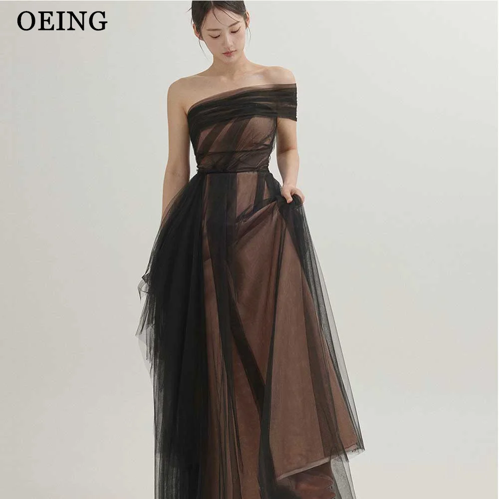 

OEING Black Tulle Evening Dresses Korea Fairy One Shoulder Party Formal Prom Gowns Corset Back Floor Length Wedding Photoshoot