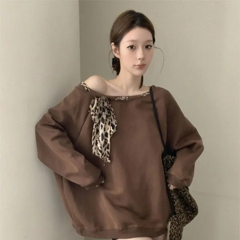 Leopard Stripe Lace Up Loose Hoodies Spring Autumn New Long Sleeve Solid Color Trend Pullovers Top Fashion Casual Women Clothing