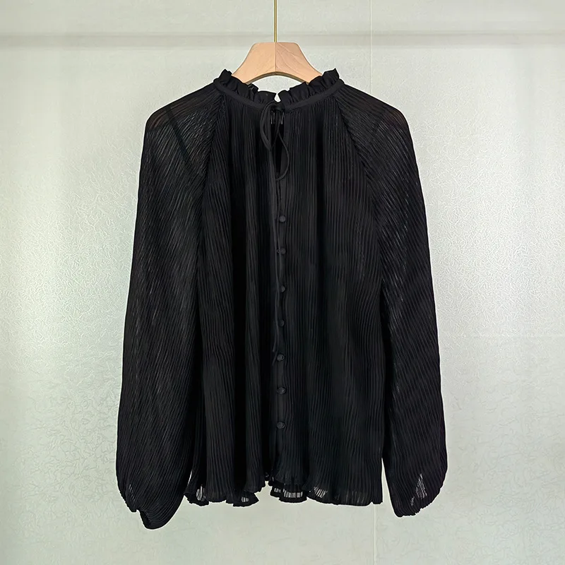 

French Lace-up Ruffle Collar Puff-sleeved Shirt Women Commuting Long-sleeved Loose Basic Black Thin Shirt Two-piece Lady Set