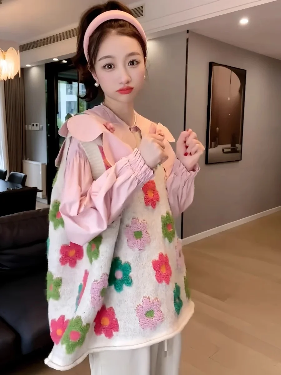 Pull tricoté coréen pour femmes, grande taille, gilet rond Ne Svel, vêtements d'extérieur, broderie florale, nouvelle collection automne hiver