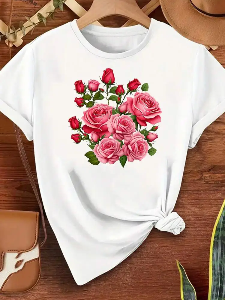 Koszulki damskie w stylu kwiatowym z lat 90., urocze, popularne, z okrągłym dekoltem, codzienne, z nadrukiem, z krótkim rękawem, modne, graficzne.