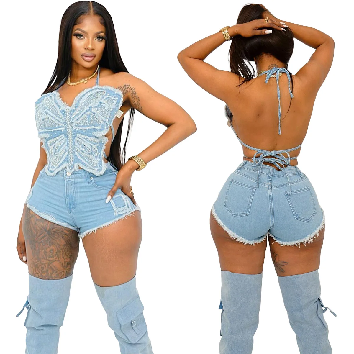 Butterfly Rhinestone Two Piece Denim Set Women Party Sexy Backless Corset Tops And Shorts With Tassel Night Club Outfits Sets