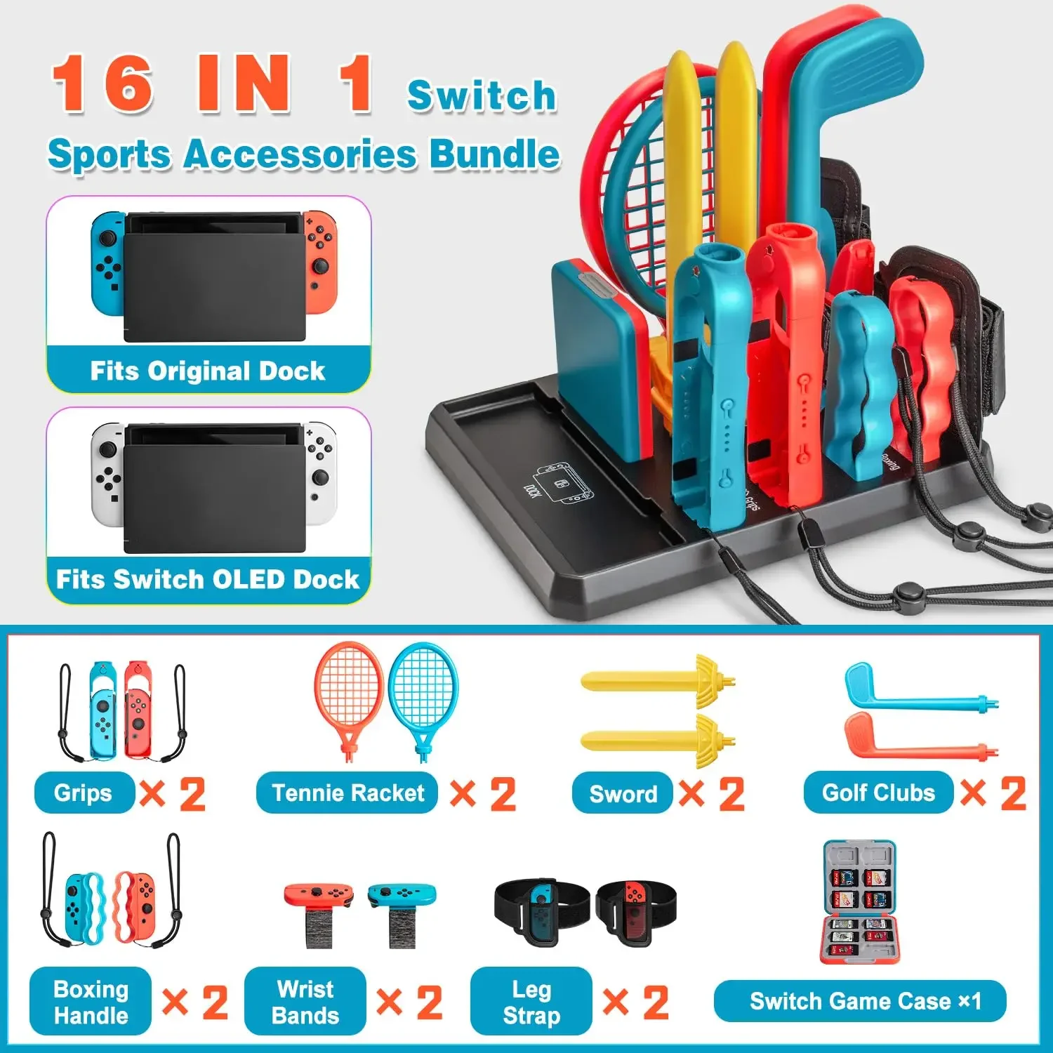 16 in 1 Switch Sports Accessories Bundle for Nintendo Switch/ OLED Joy-con Sports Accessories Kit with Storage and Organizer