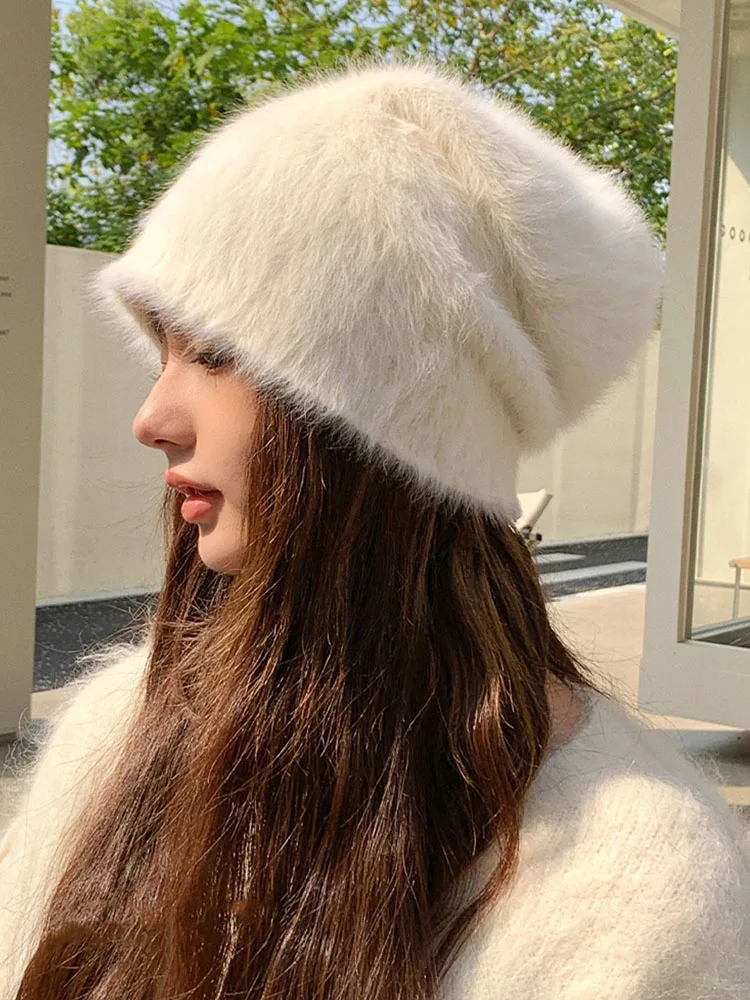 2022 new fashion Rabbit Fur Beanies Soft Warm Fluffy Bright silk Winter Hat for Women Hat Skullies Beanies Bonnet cap