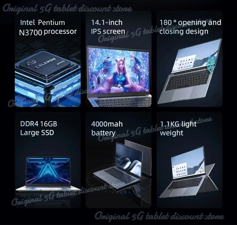 Windows 11 Pro Ultra Slim Computador Notebook, Computador PC do escritório e do estudo, Intel Pentium N3700, 16GB, 1024GB, 14,1 ", Novo, 2020