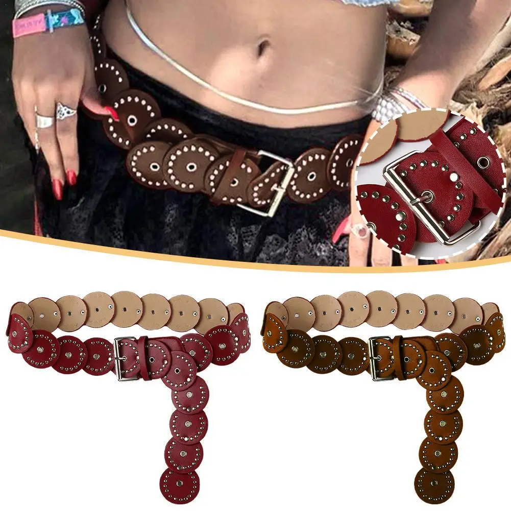 

Brown Pinned Belt Accessories Decorated With White Love Hearts Bohemian Style Retro PU Leather Waist Belt For Girls