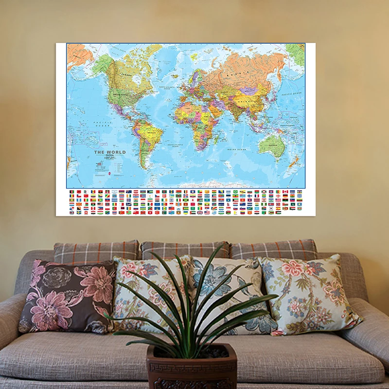 The World Map English With Country Flag Painting Wall Art Poster Office Home Hanging Decoration School Travel Supplies 150x100cm