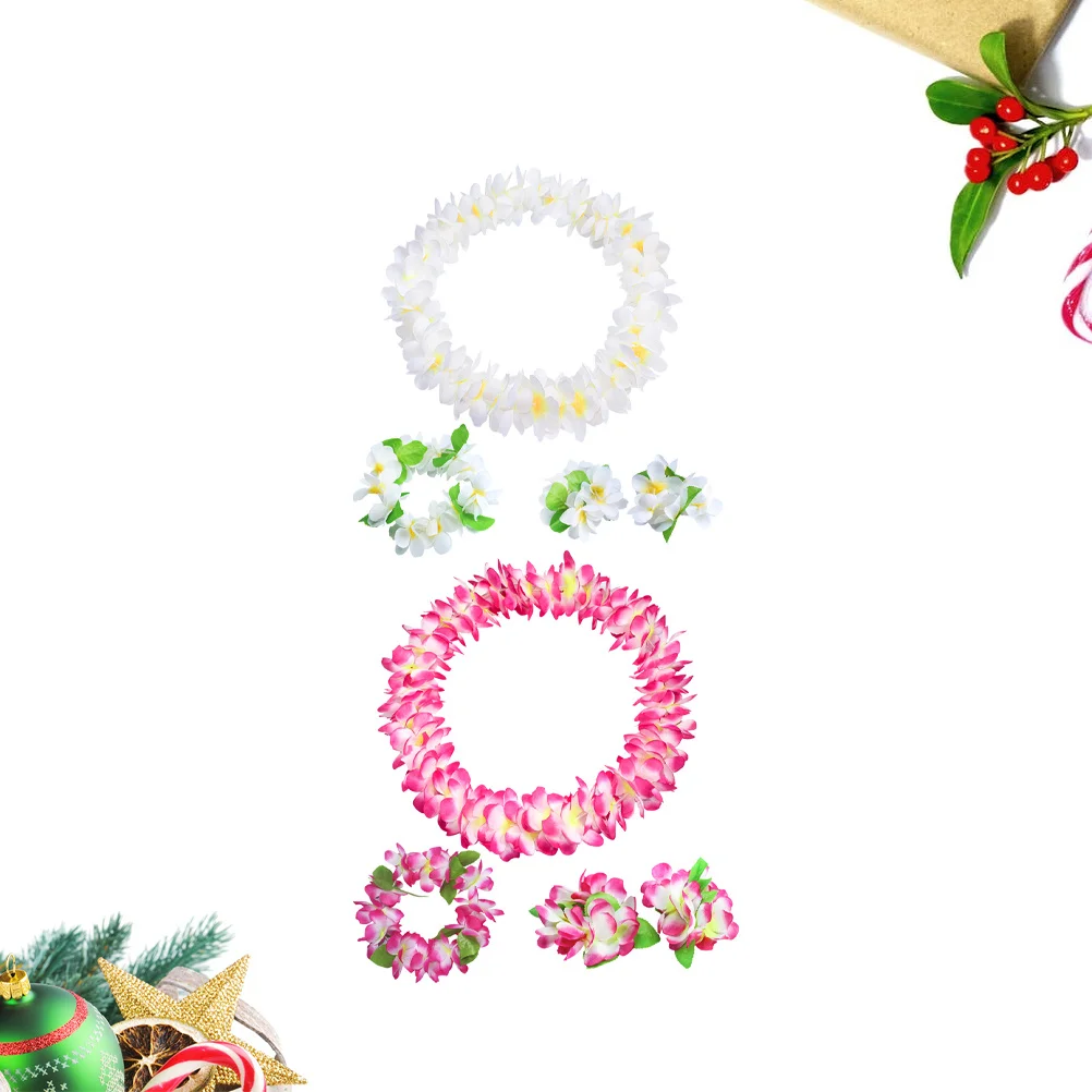 

8 шт., набор цветочных венков, белый, розовый, утолщенная повязка на голову, кольцо на шею, браслет для свадебной вечеринки, пляжа, путешествий, фотореквизит, Гавайи