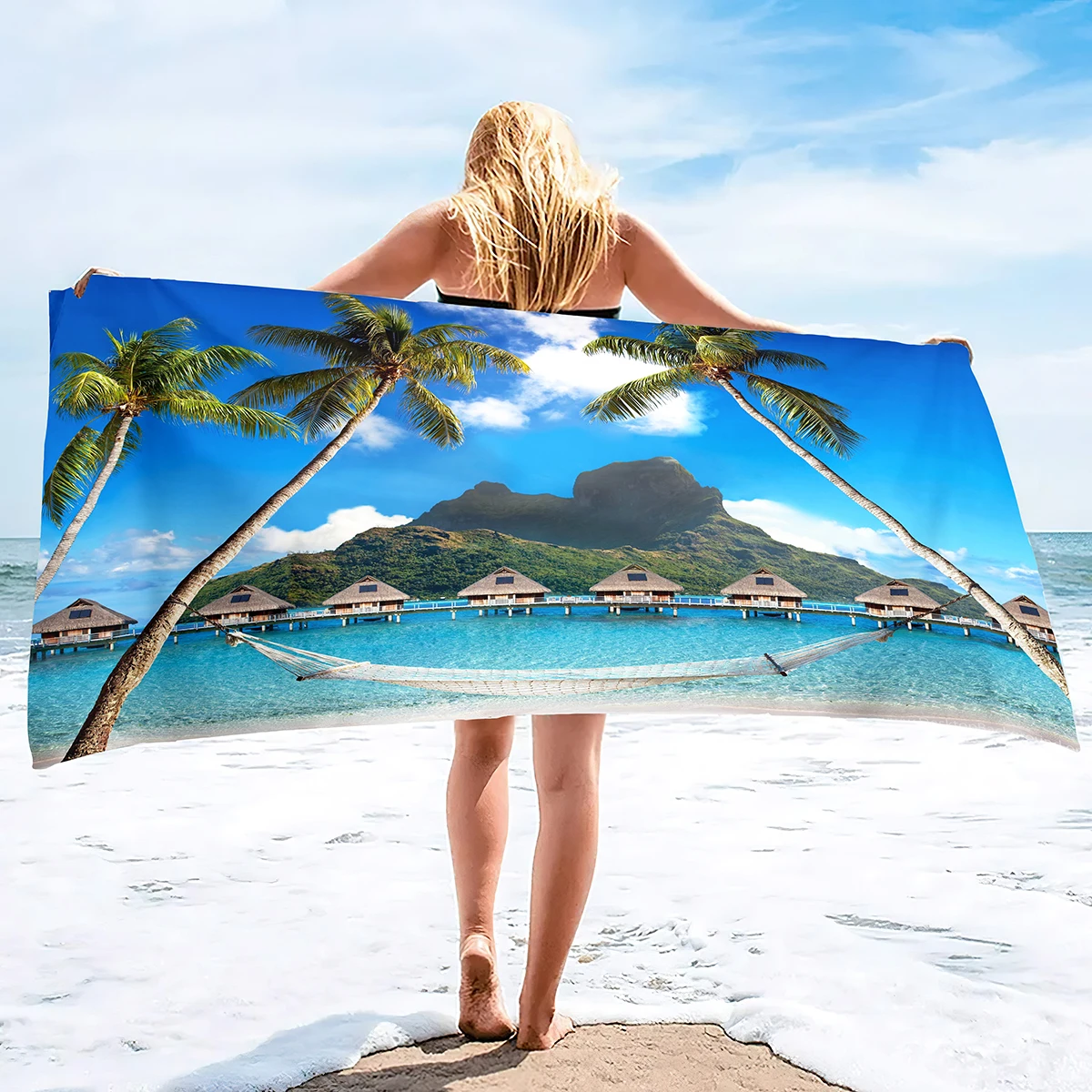 Island Print Quick Dry Travel Sand Free Beach Towel,Microfiber Soft Highly Absorbent  Blanket Pool  Bath Shower Towel