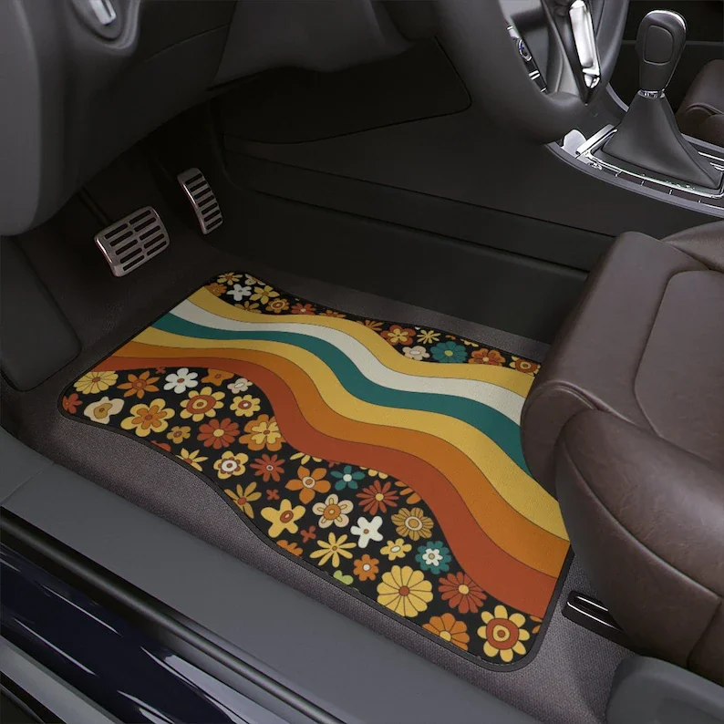 

Boho Rainbow Car Floor Mats, Aesthetic Y2K Groovy Floral Car Floor Mats,Y2K Retro Car Accessories, Cute Car accessories for wome