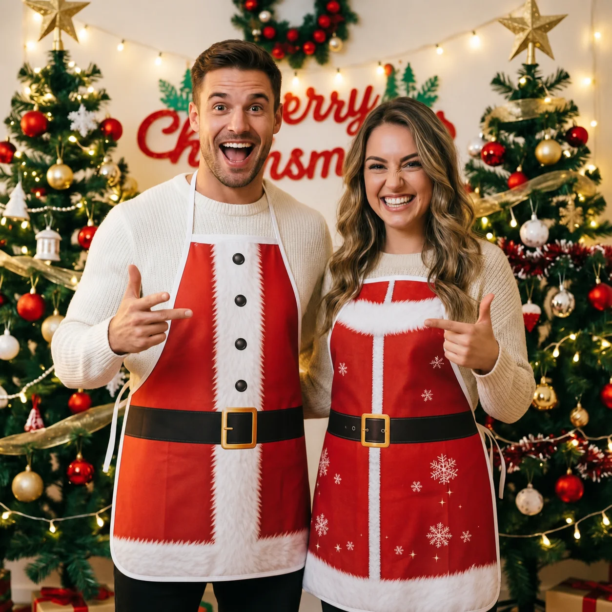 Muscle Printed Apron Santa Printed Novelty Apron Couple Apron Set Christmas Themed For Daily Cooking Holiday Gift Couples
