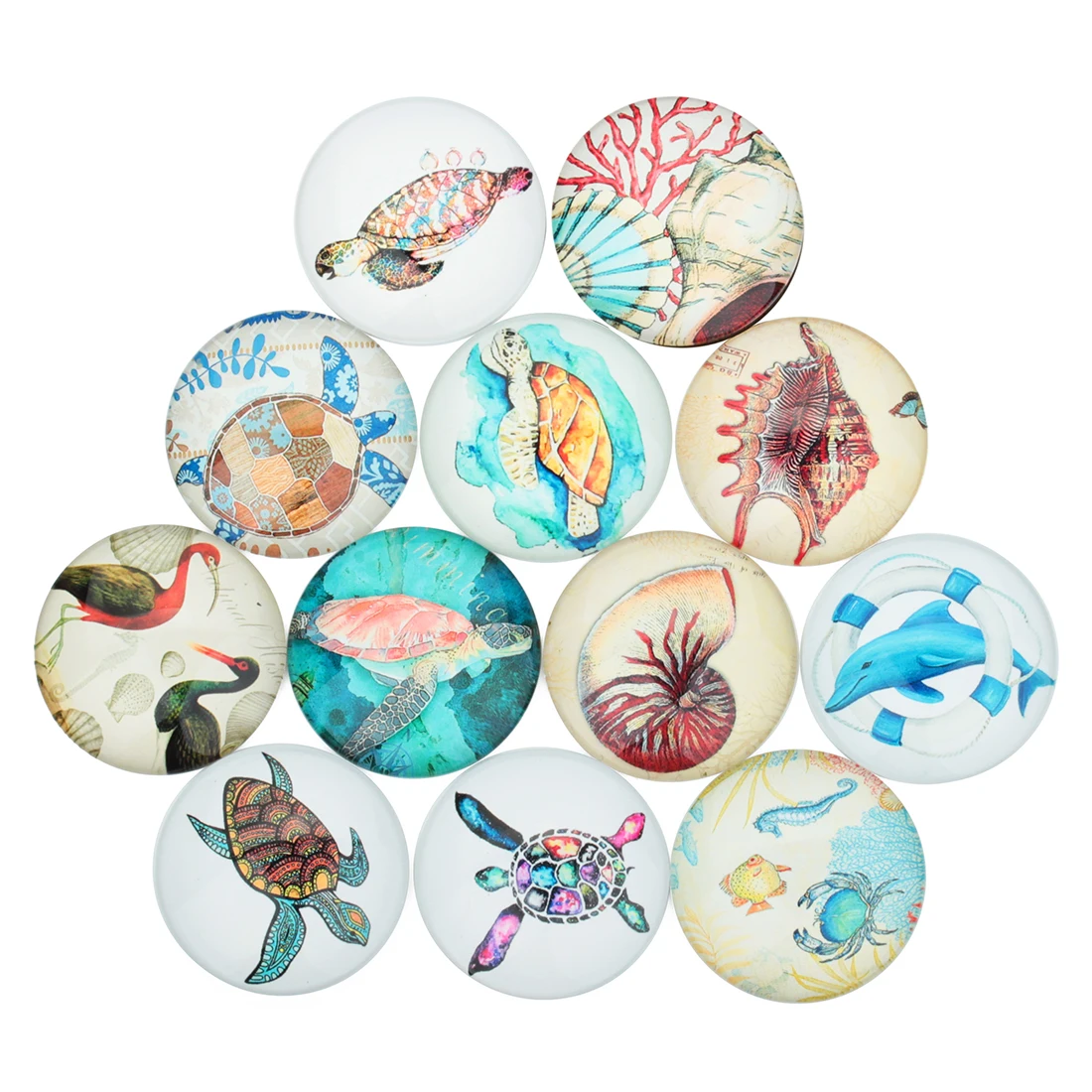 10pcs/lot 10-25mm Sea Turtle Dolphin Seashells Pattern Round Photo Glass Cabochon For Jewelry Making Flatback Cabochons DIY Ring