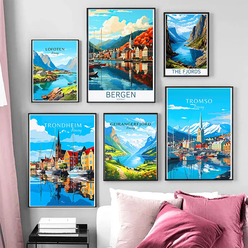 Norway Travel Poster Paris Lofoten Trondheim Geirangerfjord Oslo Canvas Painting Wall Art Picture for Living Room Home Decor