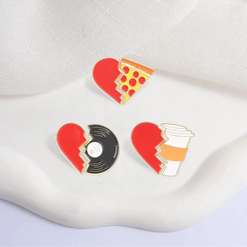 Split Heart Food Vinyl-Schallplatten-Emaille-Abzeichen, süße gebrochene Herz-Anstecknadel, Brosche, Metall-Reversdekoration für Jacke, Rucksack, Geschenk – Detail 6