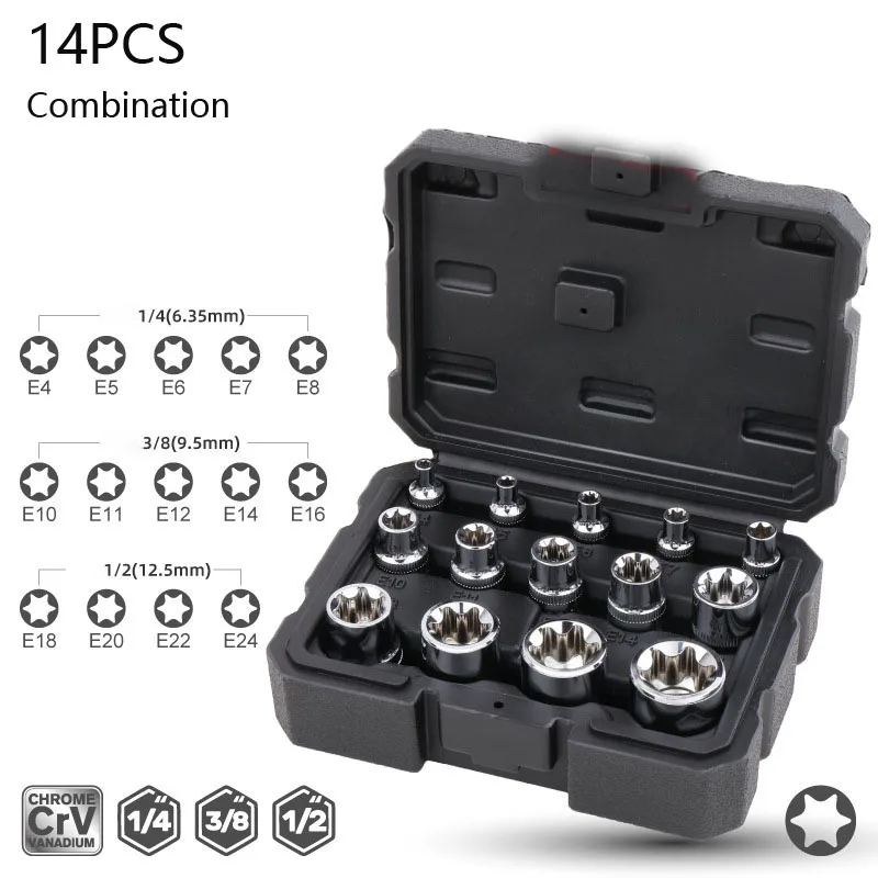 3/8 Inch Drive E-type Torx Star Socket Set Mirror Rustproof Thicken Female E-Socket Adapter E8 E10 E11 E12 E14 E16 E18 E20 Tools