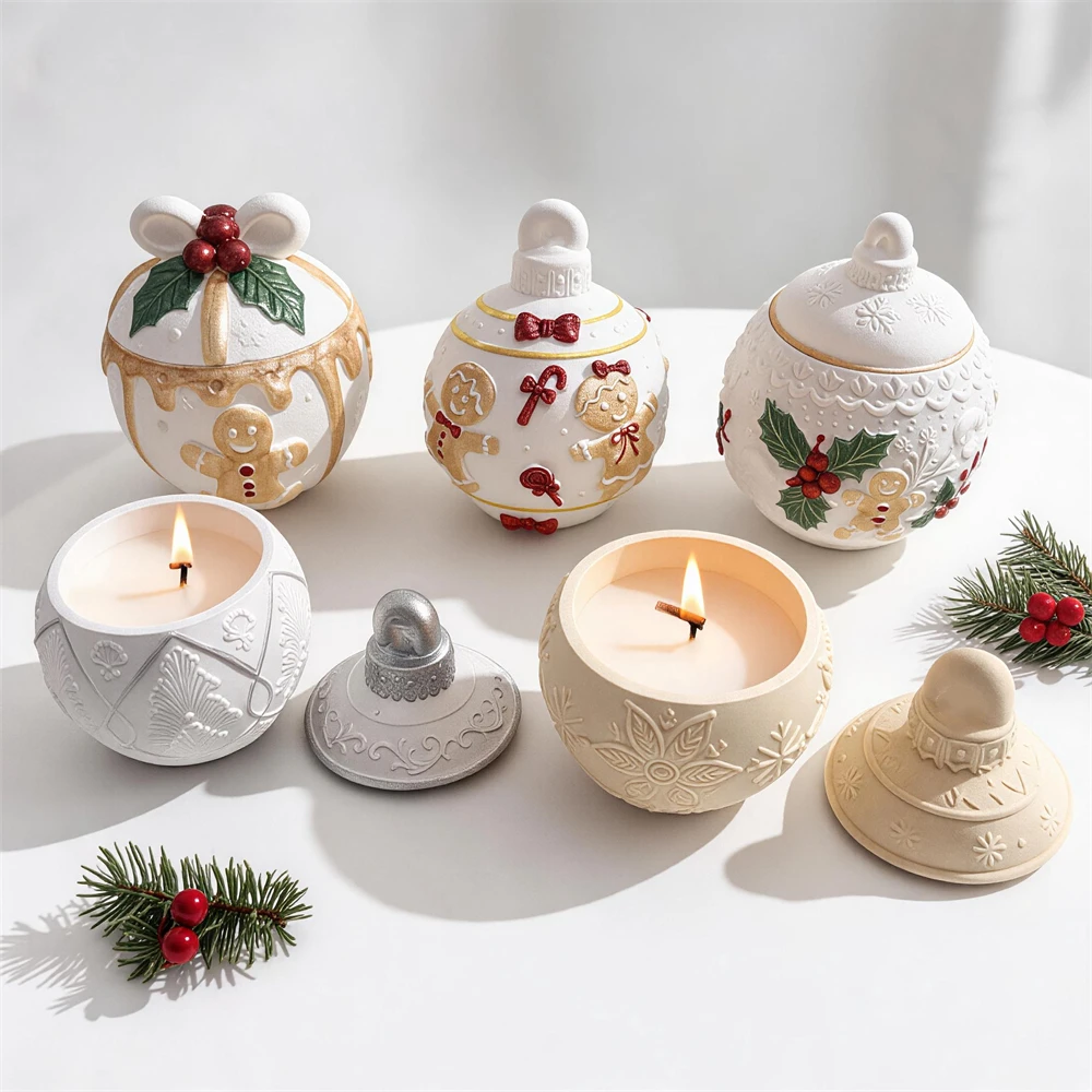 Weihnachts-Lebkuchenmann-Laternenkugel-Silikonform mit Deckel, Wachsschmelz-Brenner, Schneeflockenkugel-Aufbewahrung, Beton-Silikonform