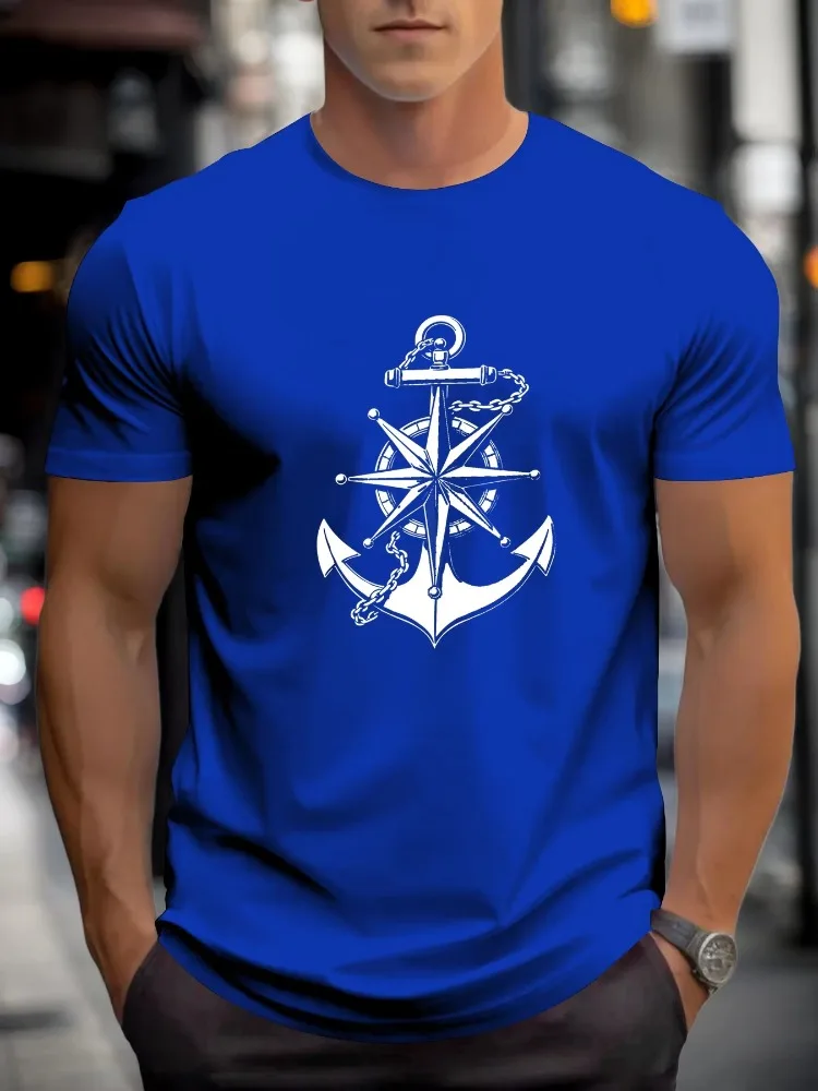 Men's Summer 100% Pure Cotton Fashionable Casual Loose Anchor and Compass Pattern Print Sports Round Neck Short Sleeved T-shirt