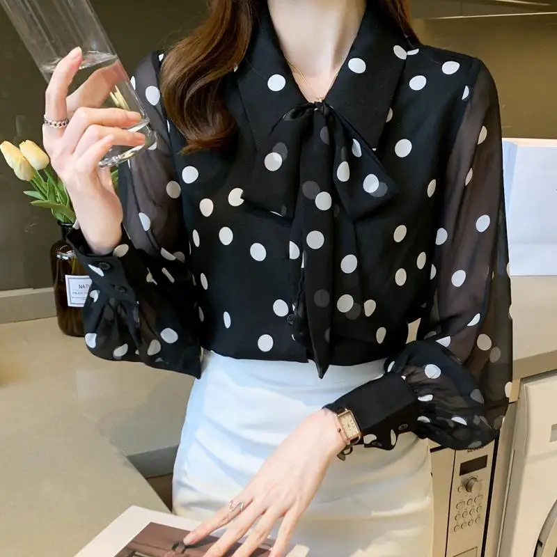 Spring Summer Polka Dot Printing Chiffon Shirt Women Fashion Turn-down Collar Bow Long Sleeve Blouse Female Single Breasted Tops