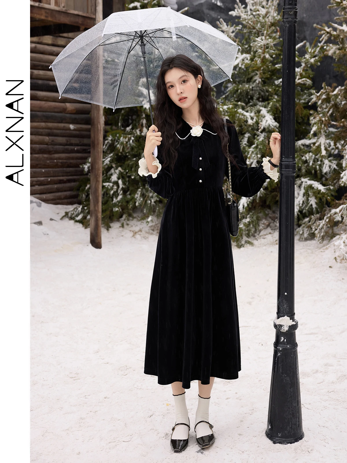 

ALXNAN Plus Size Black Dress Long Velvet Lapel Collar Patchwork Long Sleeve 3d Flower Women Dress Winter Female Clothing D08812