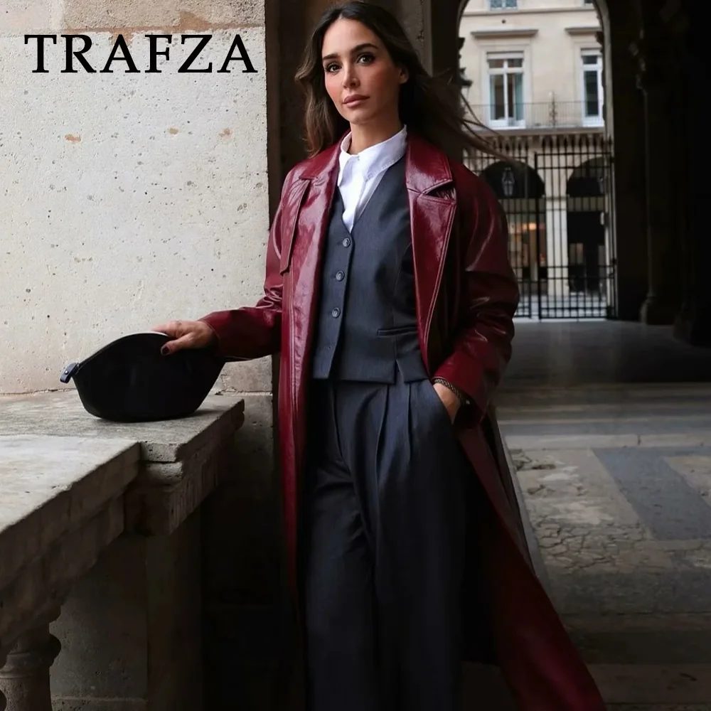 TRAFZA 2024 Autumn Winter Women Office Lady Solid Suits Fashion Sashes Sleeveless Single Breasted Vests+High Waist Ladies Pants