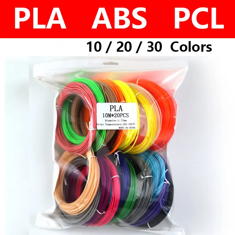 Filamento pla/abs/pcl para caneta 3d, 10/20/30 rolos de diâmetro 1.75mm 30 cores de plástico para caneta 3d, cor não repetida