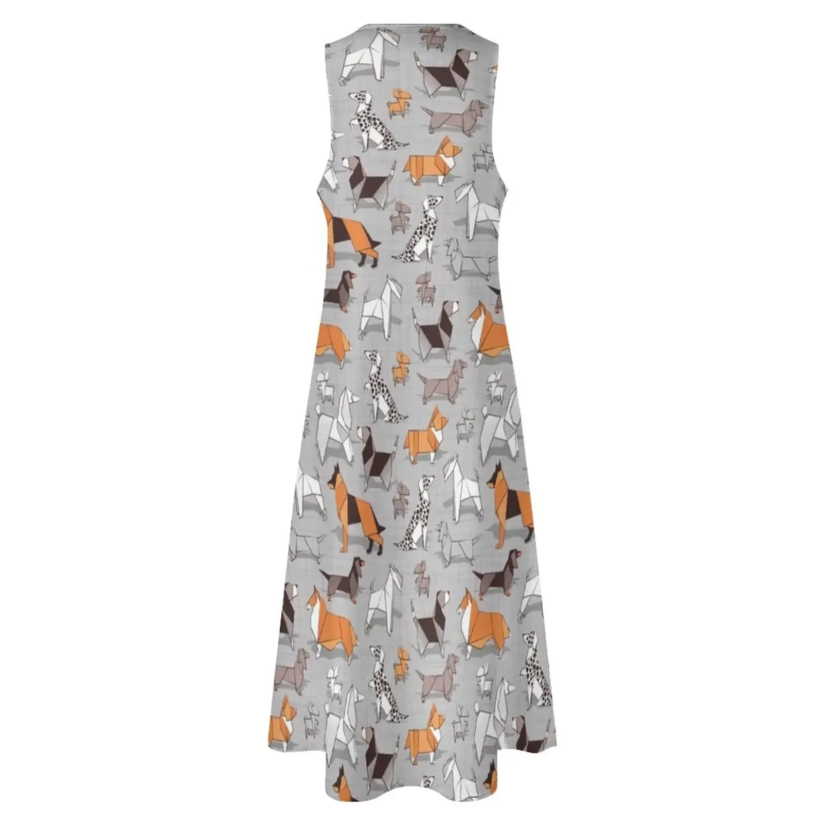 ชุดเดรสยาวลายสุนัขพันธุออริกาเมะ พื้นหลังผ้าลินินสีเทา ชุดเดรสยาวสำหรับผู้หญิง ชุดราตรีออกงาน ชุดเดรสผู้หญิง