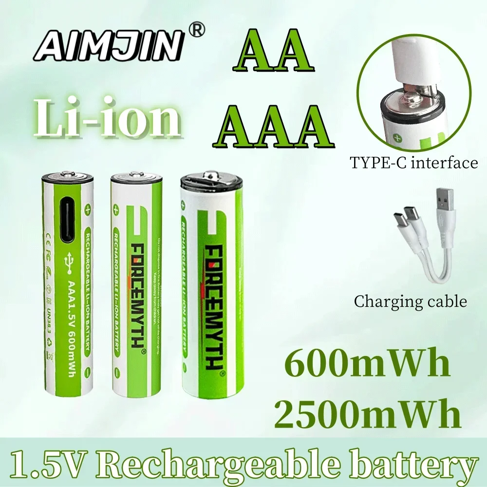 

1.5V No.7 AAA 600mWh Rechargeable Lithium No.5 AA 2500mWh Battery with 2 in 1 USB Charging Cable,Suit for Remote Control Mouse S