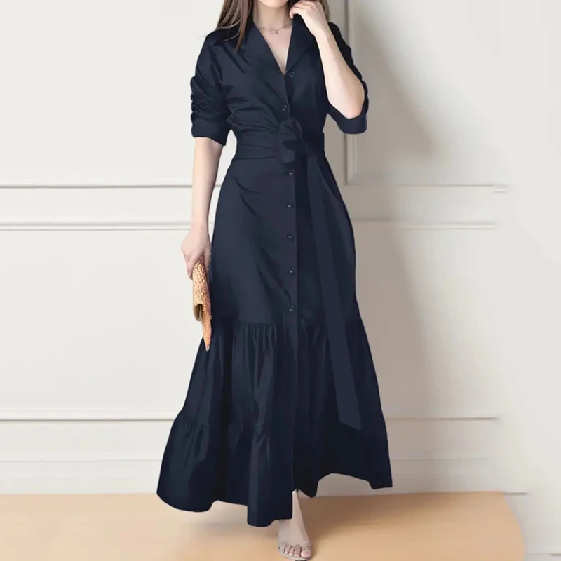 봄 여름 신상 여성용 롱 솔리드 컬러 셔츠 드레스 다용도 우아한 브이넥 레이스업 허리 조임 단추형 드레스