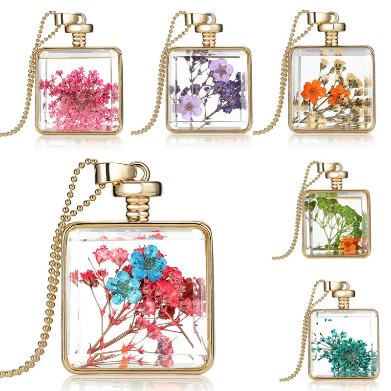 New item jewelry, multi-color optional necklace, Yiwu wholesale dried flower specimen necklace square pendant wholesale