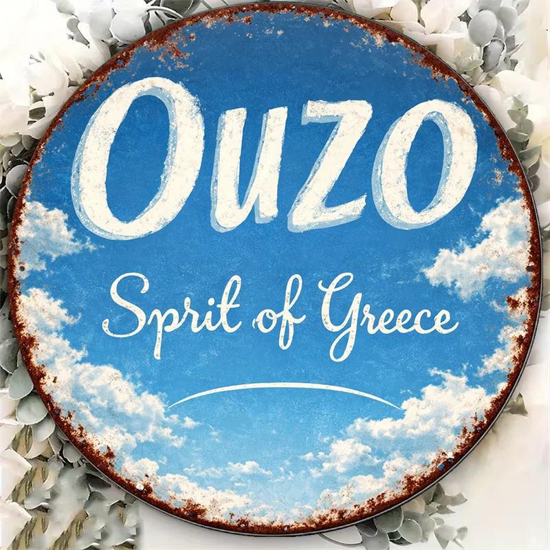 2D Flat Round Sign, Vintage Plaque about Ouzo Spirit of Greece, Greek Wine Decoration Sign, Suitable for Bar Decoration