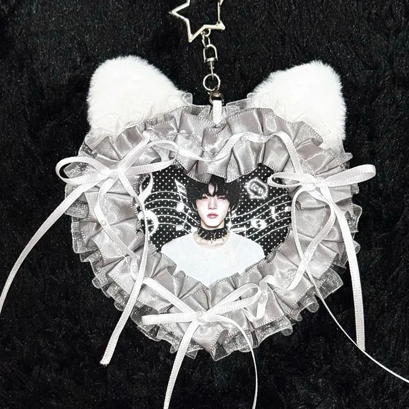 Cyber Sweet Keychain Free Customized Idol Anime Bag Charm Silver Gray Plush Cat Ears Keyring with Bow