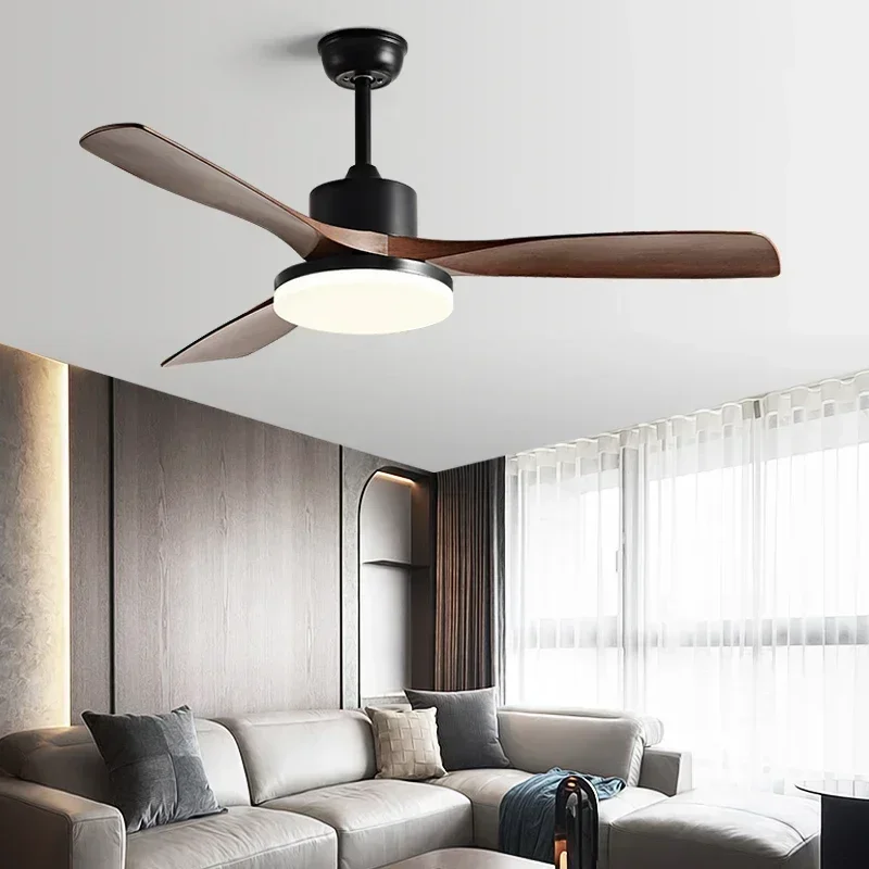 American restaurant fan light solid wood remote control variable frequency dimming Nordic living room ceiling fan with LED light