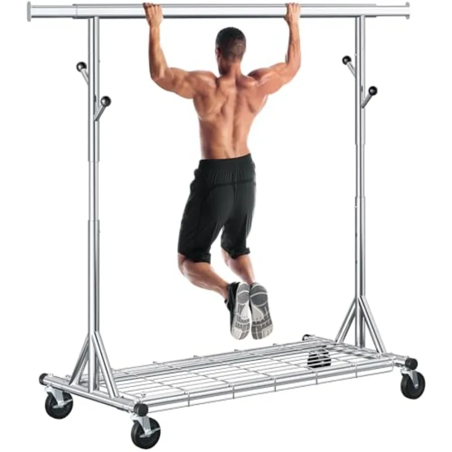 

Прочная металлическая вешалка для одежды с колесами и полками, выдерживающая нагрузку до 630 фунтов, регулируемая, портативная, для хранения одежды.