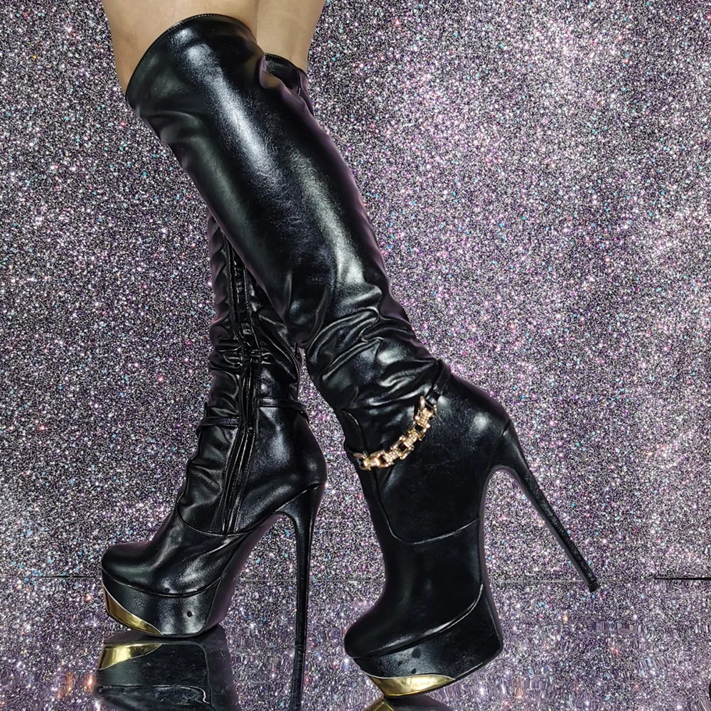 

Large Size 47 Metal Chain Slim Heels Shoes Women Round Toe Thick Platform Long Booty Side Zipper Sexy Knee High Boots