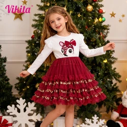 VIKITA Girls Christmas Dress New Year Clothes Kids Princess Tutu Dress Birthday Party Vestidos Children Elk Sequins Red Dresses