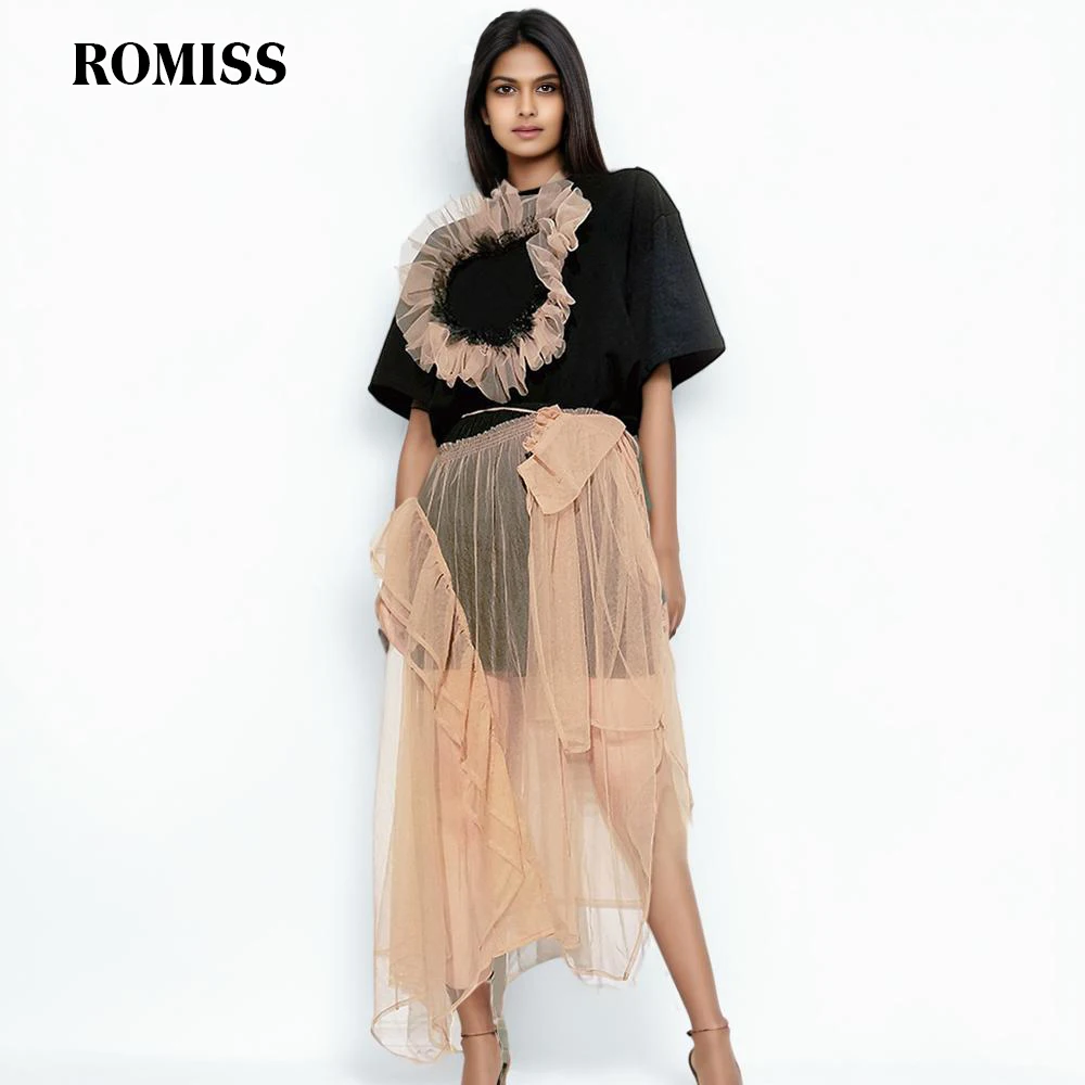 ROMISS Casual Two Piece Sets For Women Round Neck Short Sleeve T Shirts High Waist Skirts Patchwork Mesh Set Female Fashion Styl