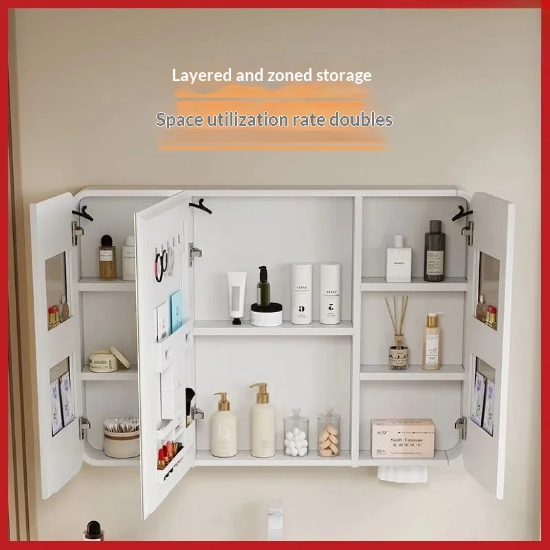 LED Bathroom Mirror Cabinet Aluminum Rounded Smart Storage Makeup Shelf Tissue Slot Touch Sensor Anti Fog Bathroom Mirror view 5