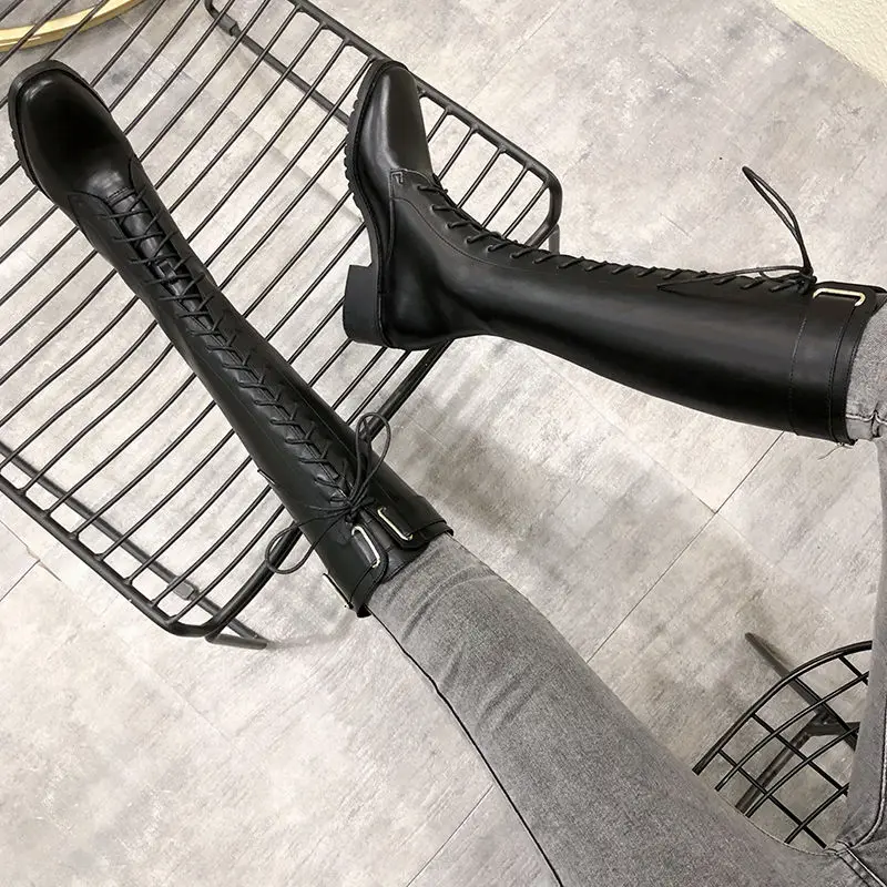 Sznurowane buty damskie długie buty damskie zimowe do kolan z koronkami obuwie motocyklowe brązowe duże rozmiary ciepła jakość wyprzedaży