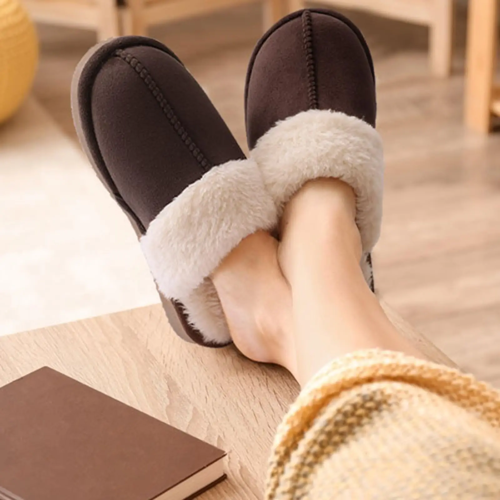 Crestar Fuzzy House Slippers for Women Fashion Faux Fur Collar Suede Slippers Women Men Fluffy Memory Foam Comfortable Slippers