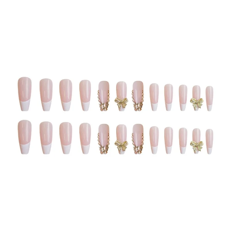 24-delige groothandel opdruknagel witte Franse tips met gouden vlinderontwerp en fonkelende steentjes - perfect cadeau voor vrouwen