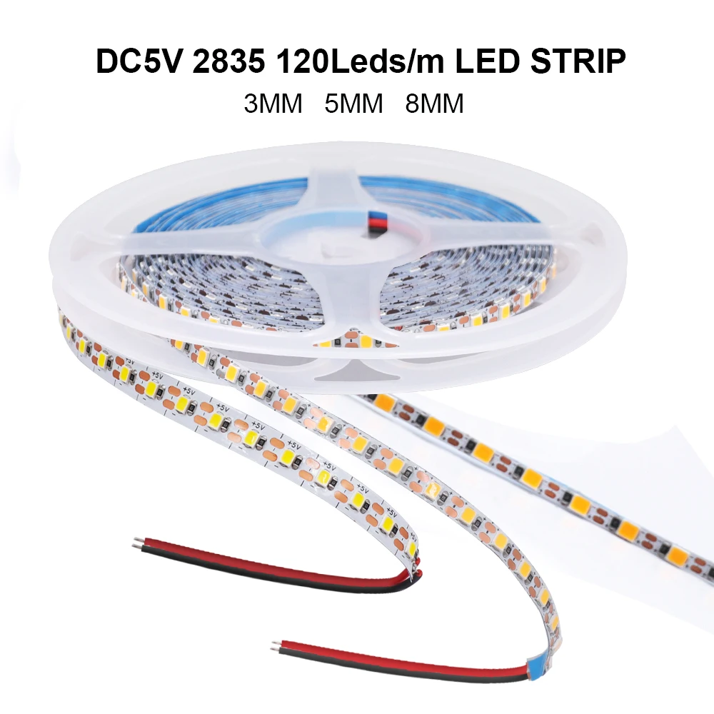 3MM 5MM 8MM  PCB LED Strip Light DC5V SMD2835 120LEDs/m Flexible Tape Ribbon Backlight Lamp IP20  Warm Natraul Cool White