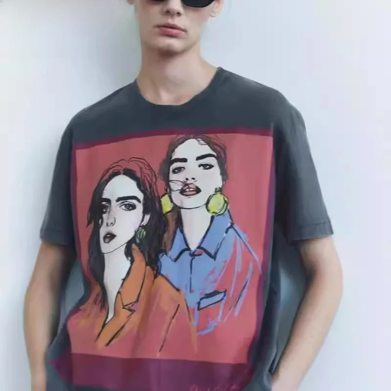 

Autumn Winter New Women's Faion ort Sve round Ne Printed T-irt Girls Versatile Casual Sle Basic Length